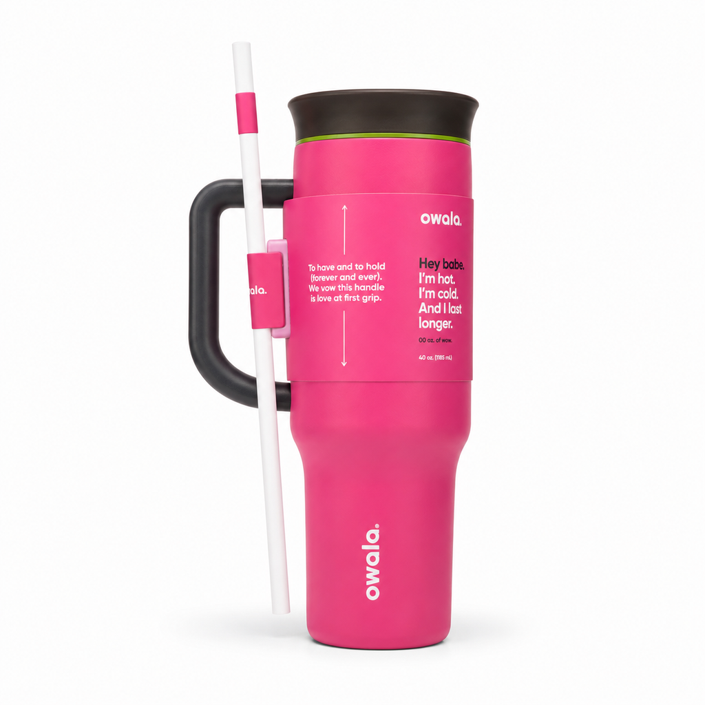 Berry Crush tumbler front view with handle and straw